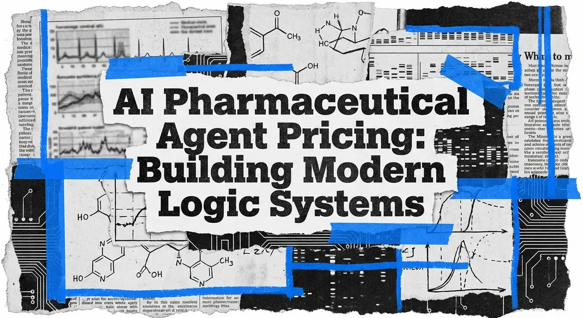 Artistic collage featuring the text AI Pharmaceutical Agent Pricing with medical data fragments and electric blue accents