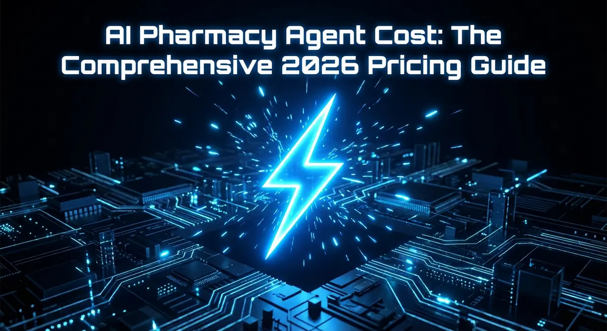 AI pharmacy agent cost guide digital landscape with electric blue lightning