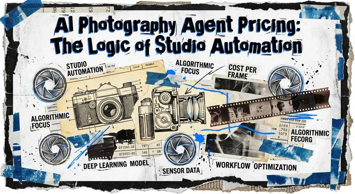 AI photography agent pricing guide collage with torn paper and blue accents