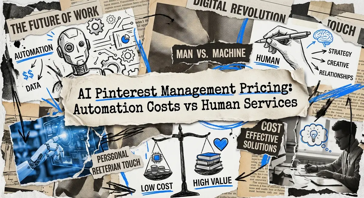AI Pinterest Management Pricing torn paper collage showing automation costs vs human services