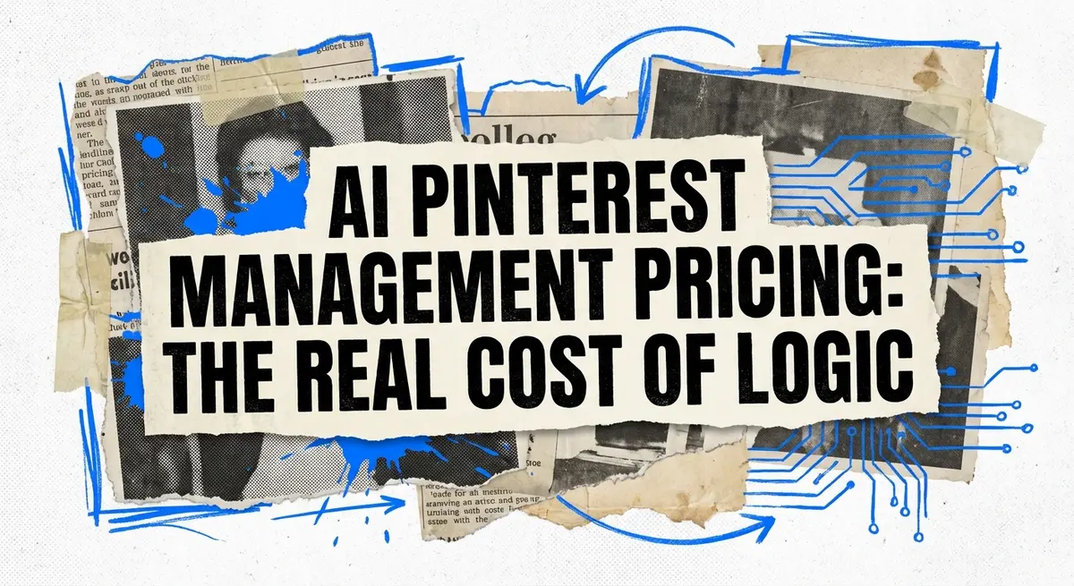 AI Pinterest Management Pricing collage with torn paper and electric blue accents