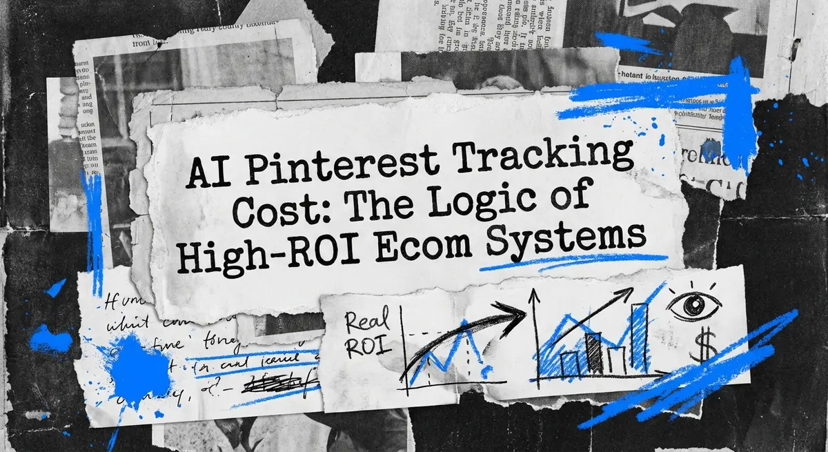 Torn paper collage featuring the title AI Pinterest Tracking Cost Real ROI for Ecommerce Marketers with electric blue accents