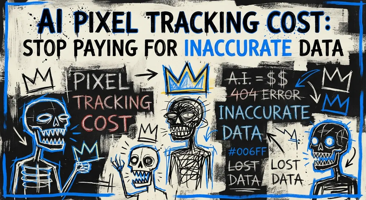 AI Pixel Tracking Cost artistic interpretation with Basquiat style elements and electric blue accents
