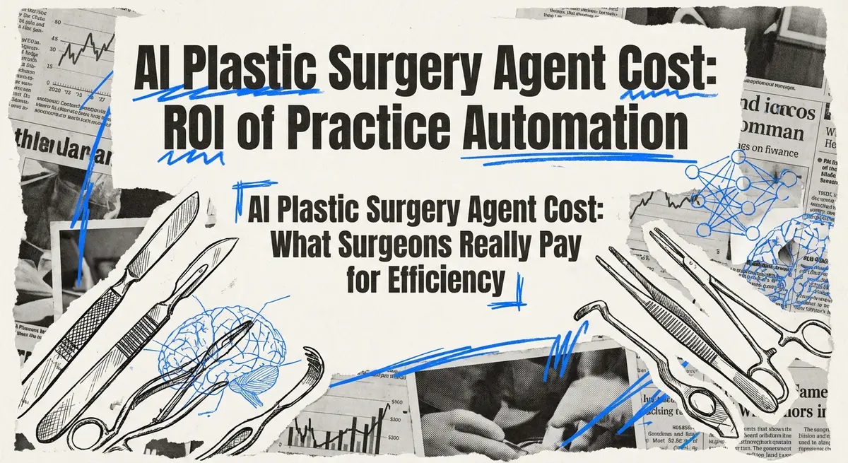 Torn paper collage featuring ai plastic surgery agent cost concepts with electric blue accents