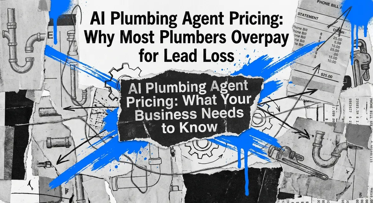 AI plumbing agent pricing guide featuring torn paper collage with electric blue accents