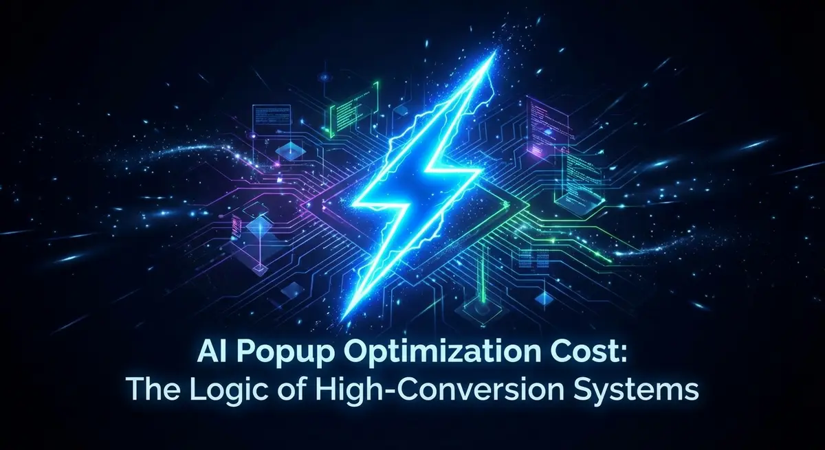 AI popup optimization cost title card with electric blue digital lightning