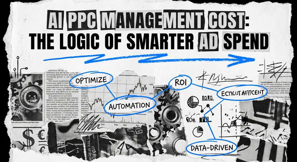 AI PPC Management Cost collage with torn paper and electric blue accents