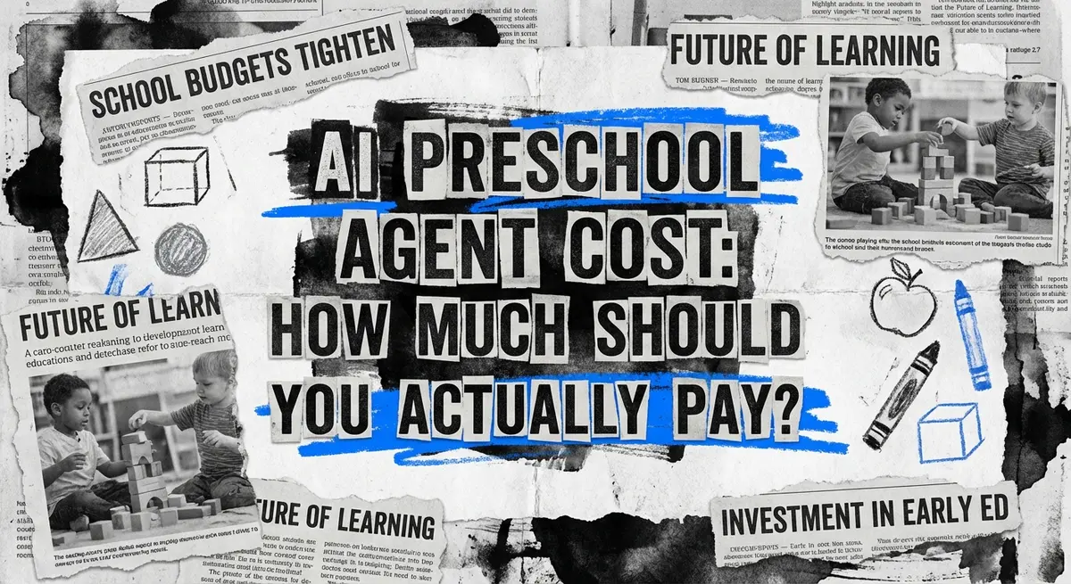 AI preschool agent cost guide collage with torn paper and electric blue accents