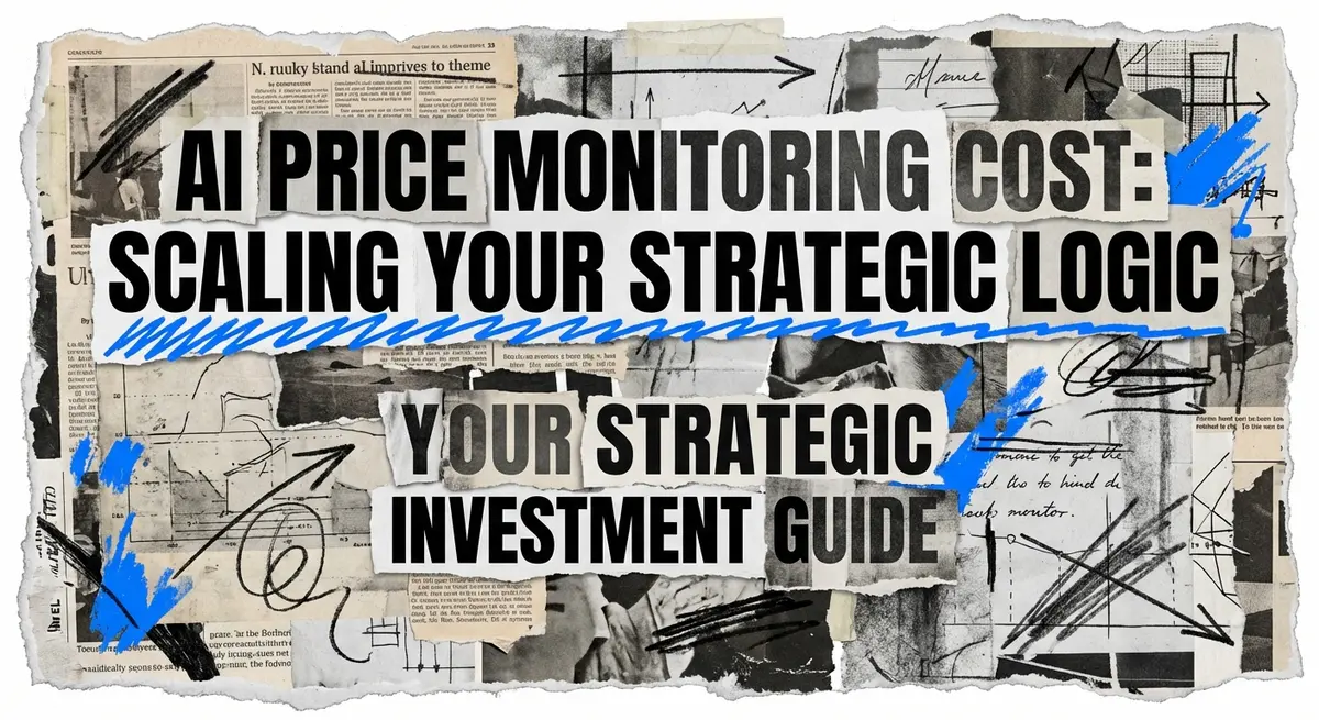 AI Price Monitoring Cost collage with torn paper and electric blue accents