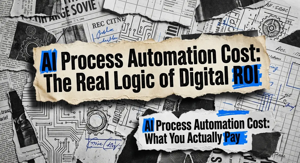 AI Process Automation Cost collage with torn paper and electric blue accents