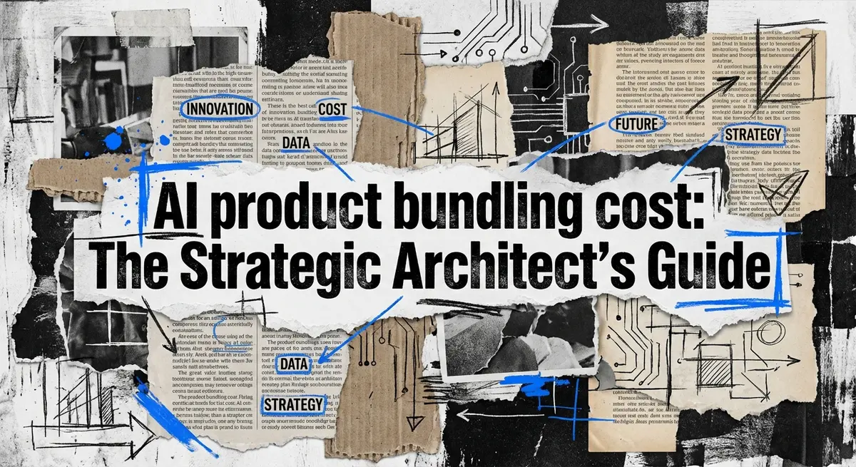 AI product bundling cost strategy collage with torn paper and electric blue accents