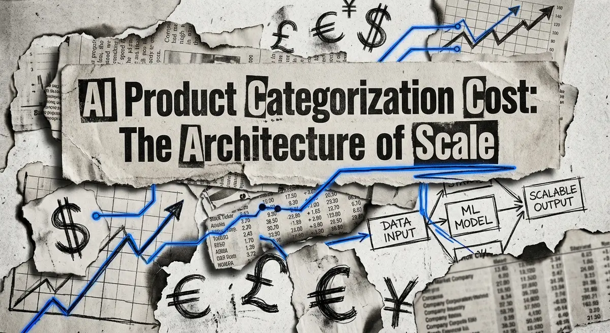 AI product categorization cost analysis collage with electric blue accents