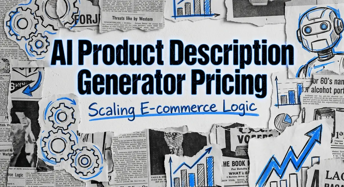 AI Product Description Generator Pricing collage with torn paper and electric blue accents