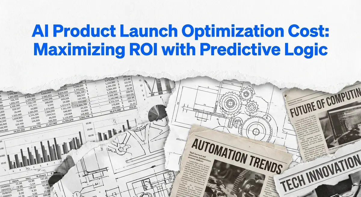 AI product launch optimization cost strategies visualized as a torn paper collage with financial data and electric blue accents