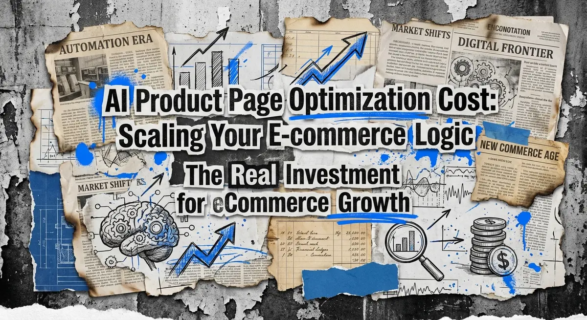 AI Product Page Optimization Cost collage with torn paper and electric blue accents