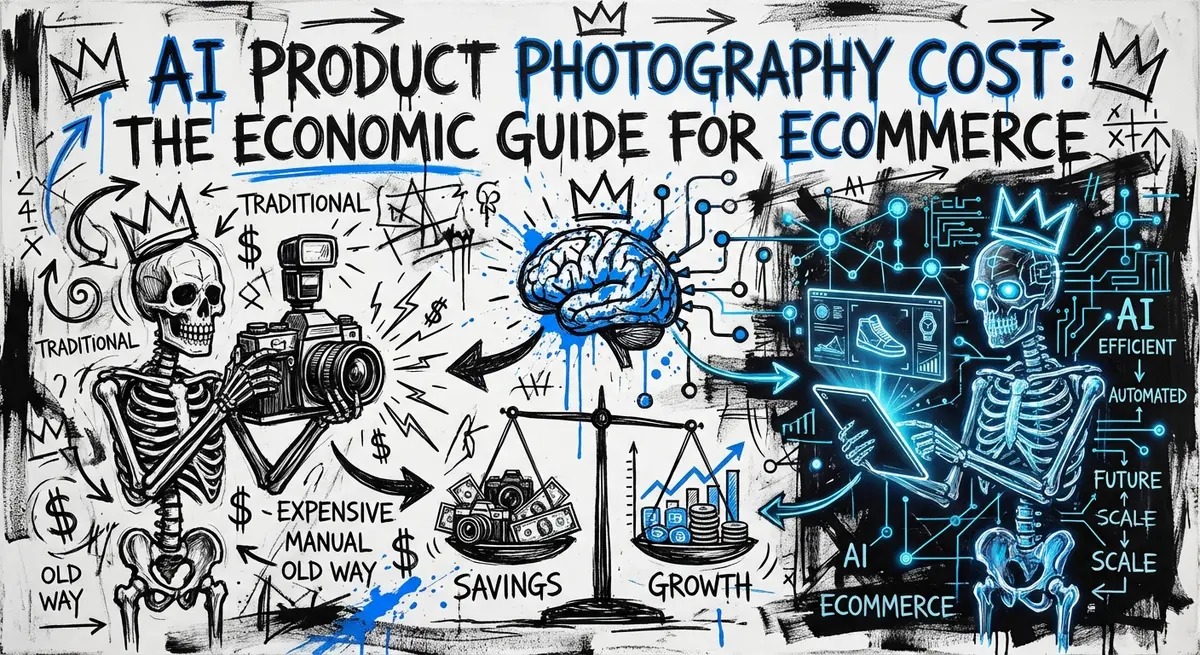 Basquiat-style art with title AI Product Photography Cost: The Economic Guide for Ecommerce and electric blue accents