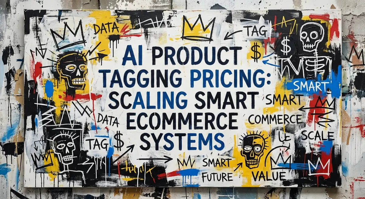 Basquiat style art featuring ai product tagging pricing concepts and ecommerce growth symbols