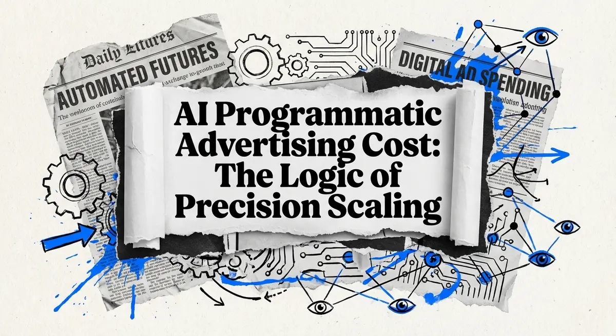 AI programmatic advertising cost torn paper collage with precision scaling theme