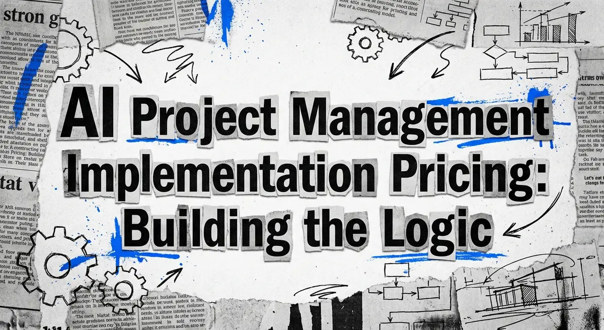 AI Project Management Implementation Pricing conceptual collage with torn paper and blue accents