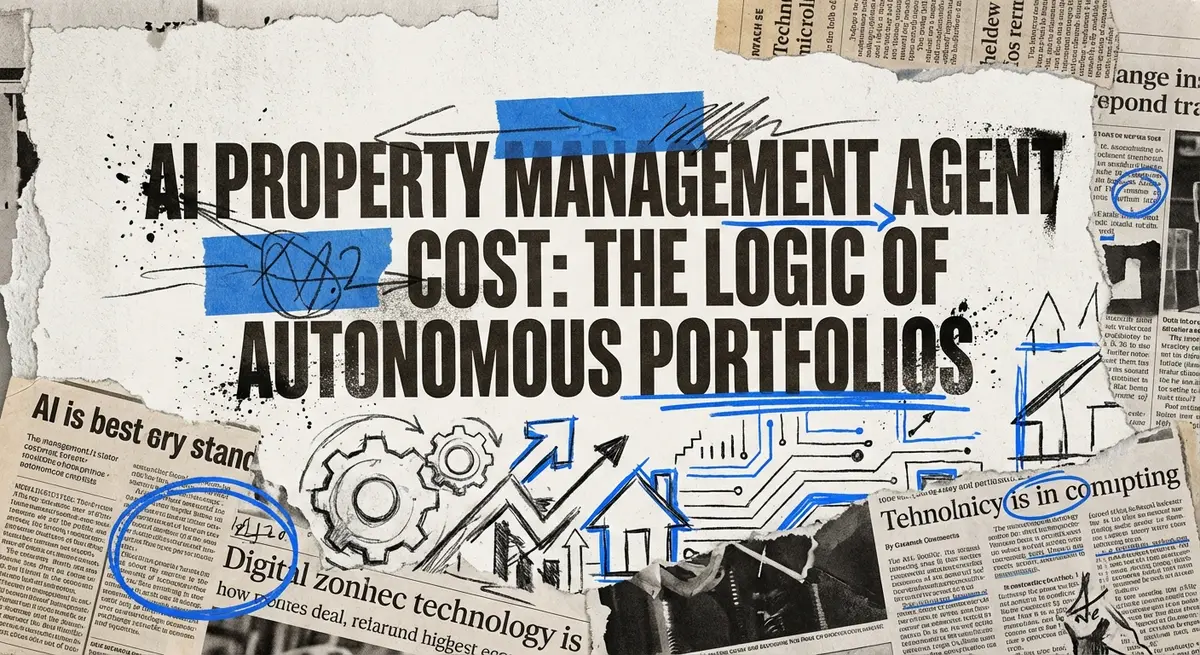 Torn paper collage art illustrating ai property management agent cost analysis