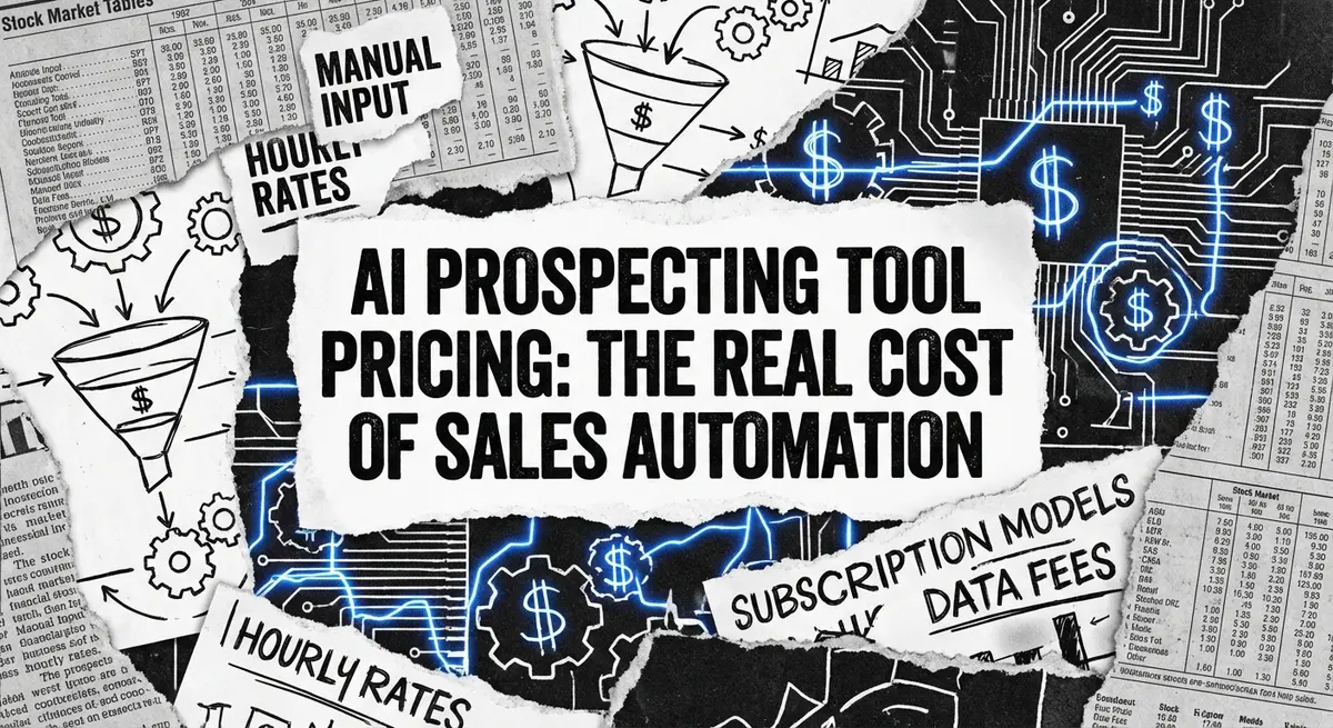 AI prospecting tool pricing collage with torn paper and electric blue accents