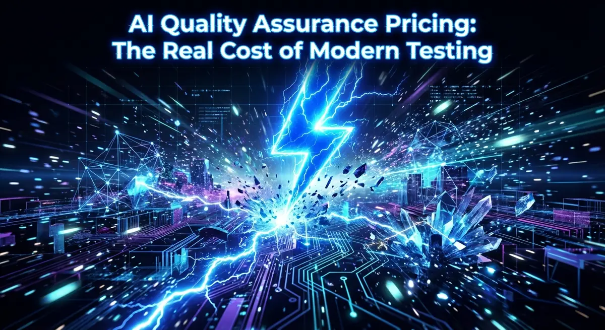 AI Quality Assurance Pricing visualization with electric blue lightning striking through manual processes