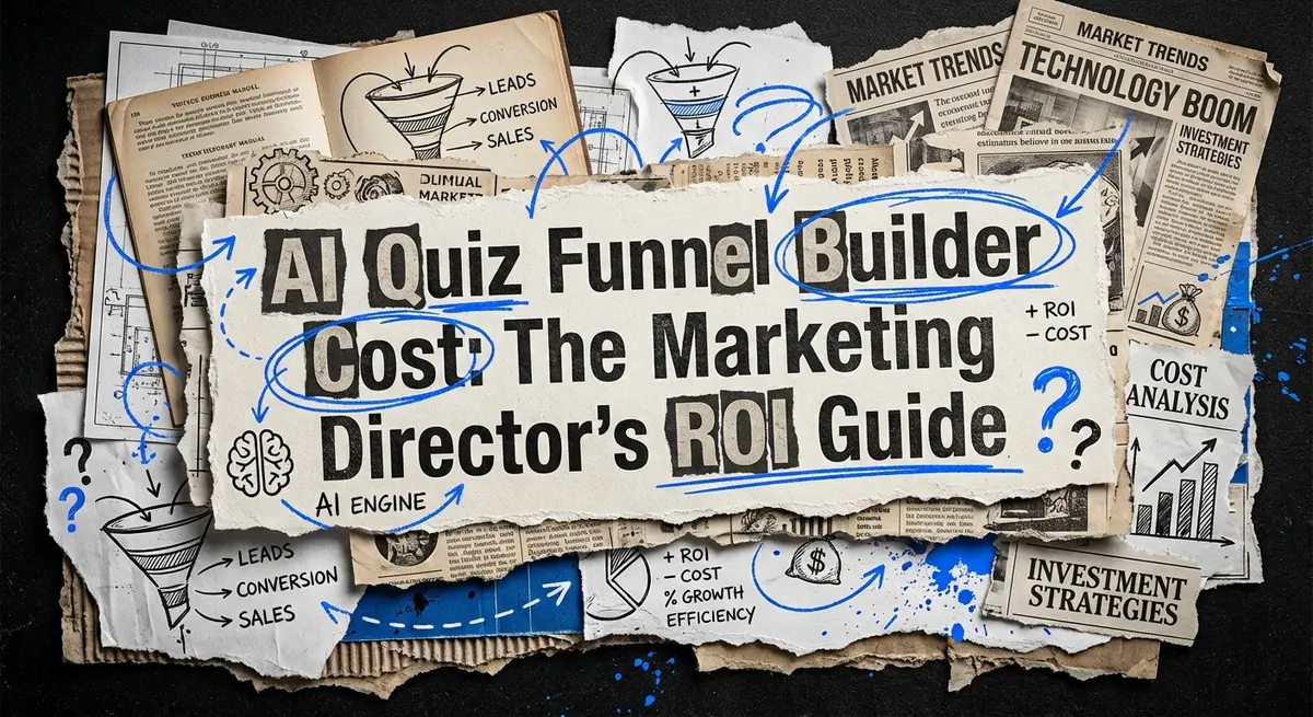 AI Quiz Funnel Builder Cost mixed media collage with electric blue accents