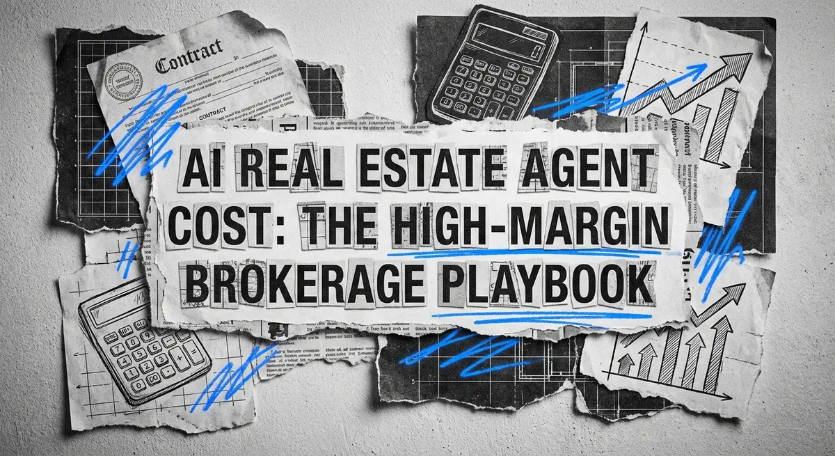 ai real estate agent cost analysis collage with vintage papers and blue accents