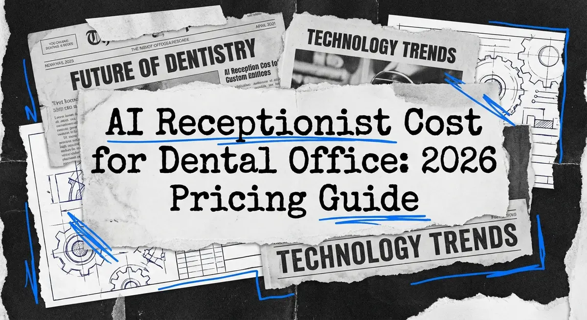 AI Receptionist Cost for Dental Office torn paper collage art with #0066FF blue accents