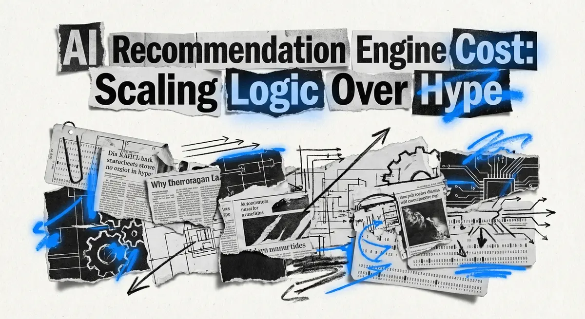 AI recommendation engine cost analysis collage with torn paper and electric blue accents