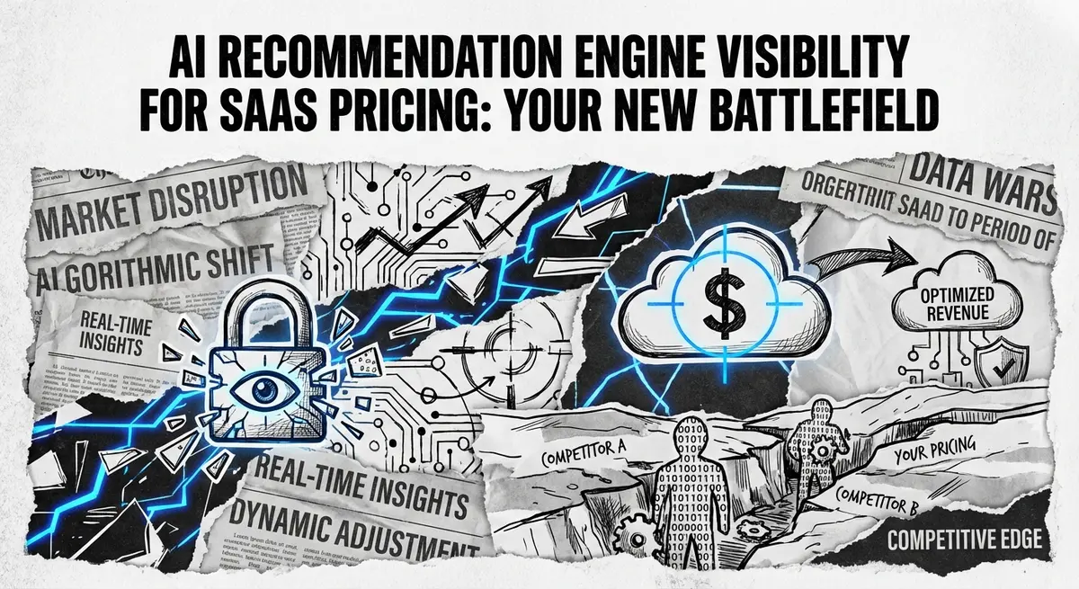 AI recommendation engine visibility for saas pricing collage with torn paper and electric blue accents