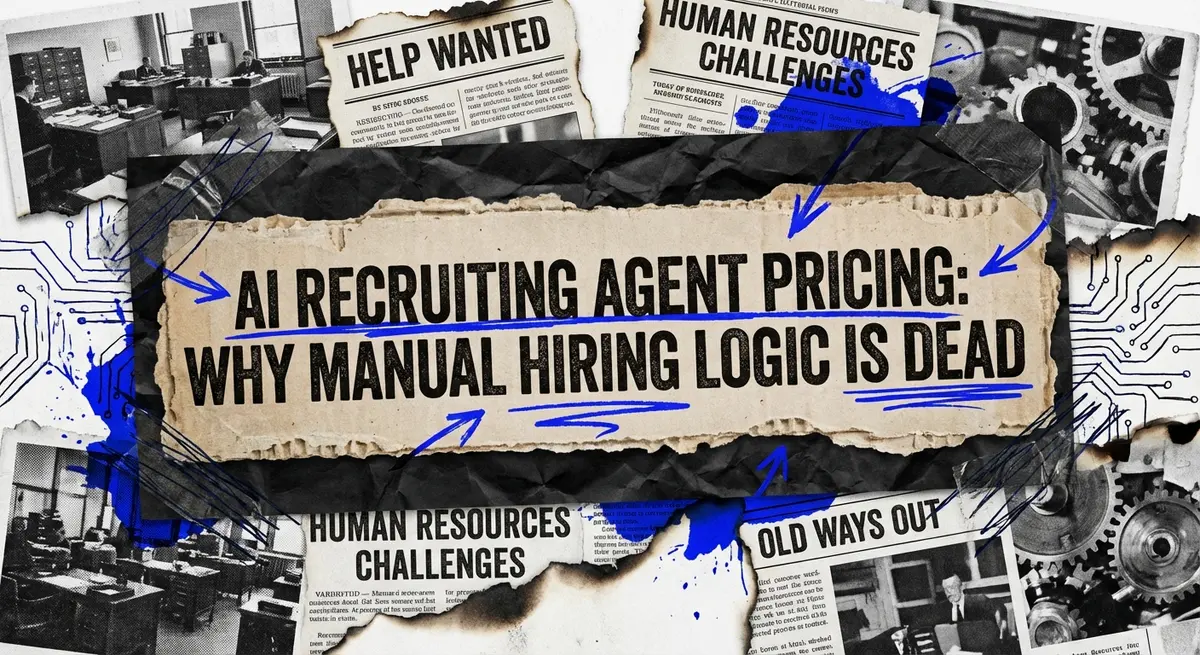 AI recruiting agent pricing collage with torn paper and electric blue accents