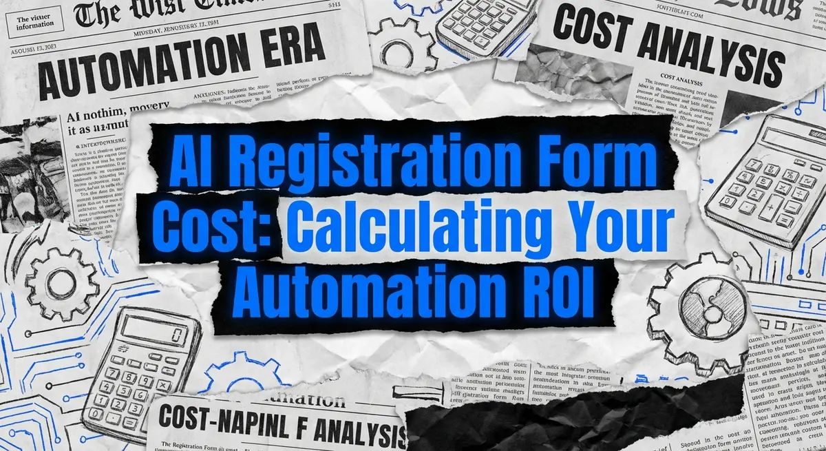 AI Registration Form Cost collage with torn paper and electric blue accents