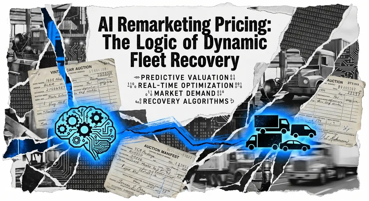 AI remarketing pricing dashboard on torn paper collage style background
