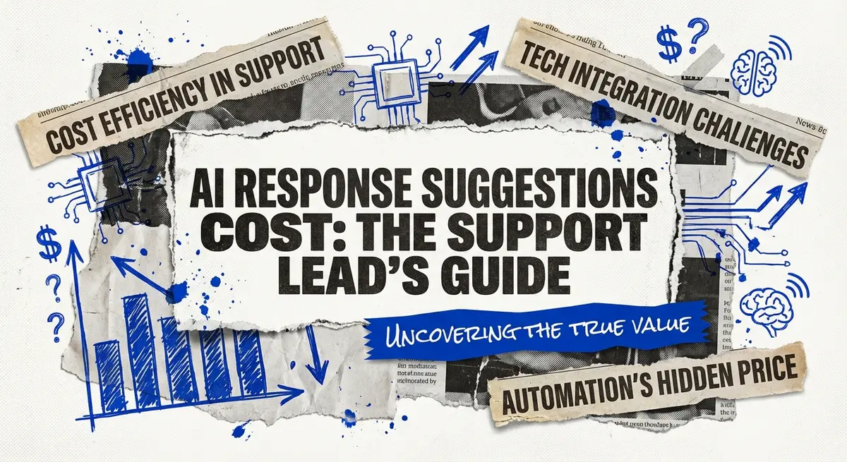 AI response suggestions cost analysis collage with torn paper and electric blue accents