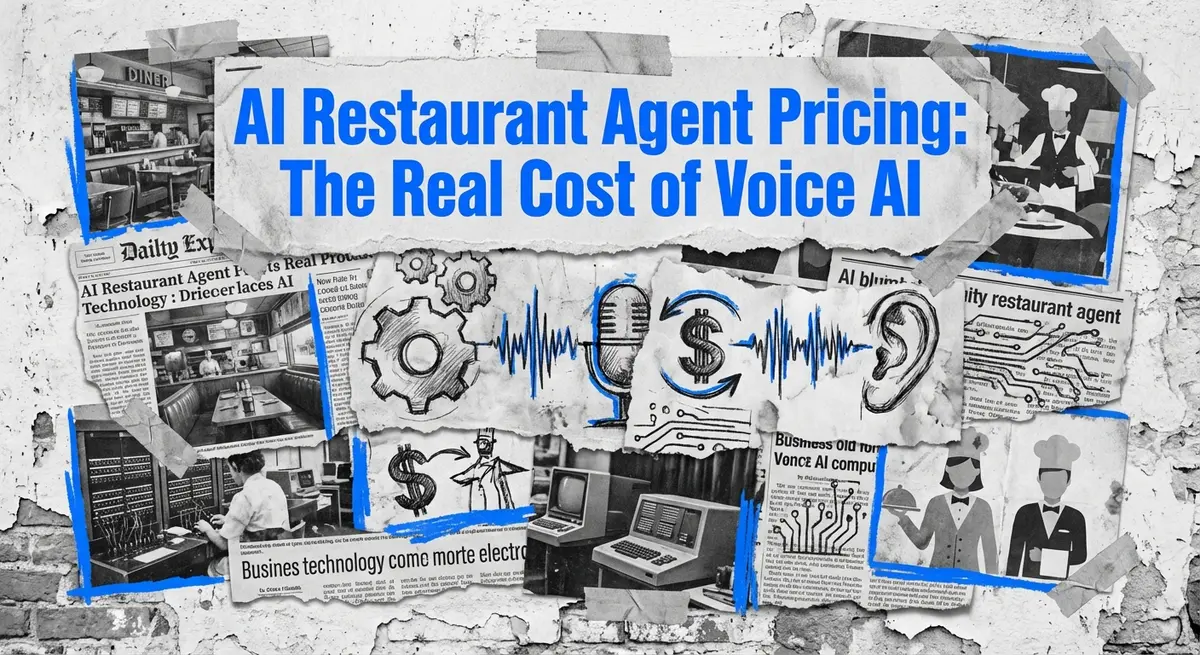 AI restaurant agent pricing collage with torn paper effect showing hidden costs