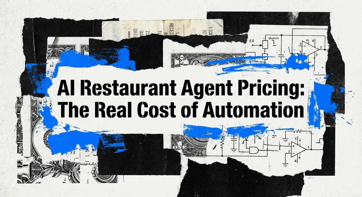 AI restaurant agent pricing torn paper collage with vintage receipts and electric blue accents