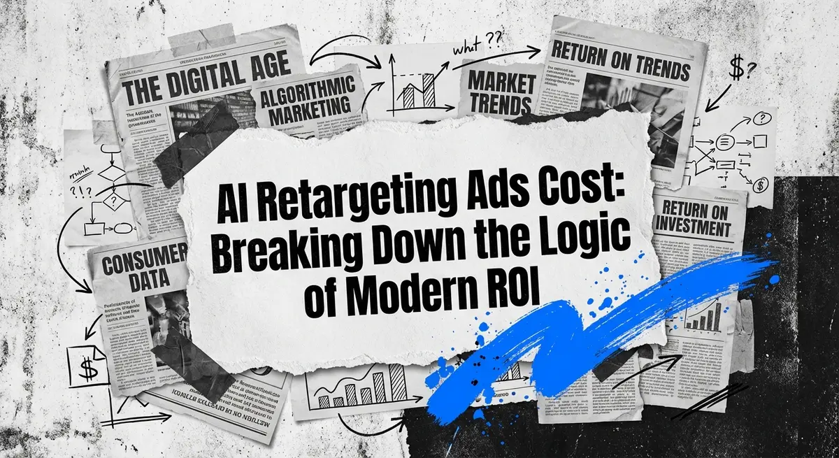 AI retargeting ads cost collage with torn paper and electric blue accents