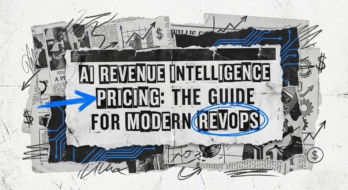 AI Revenue Intelligence Pricing guide collage with torn paper and electric blue accents