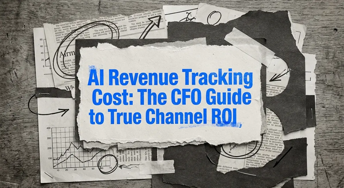 AI Revenue Tracking Cost collage with torn paper and electric blue accents