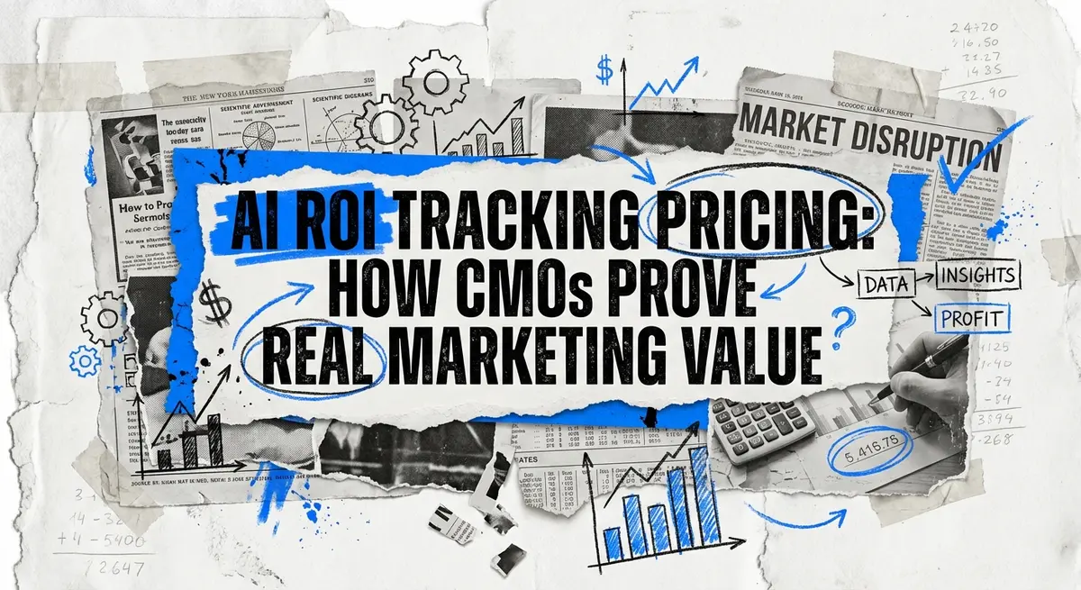 AI ROI tracking pricing collage with torn paper and electric blue accents