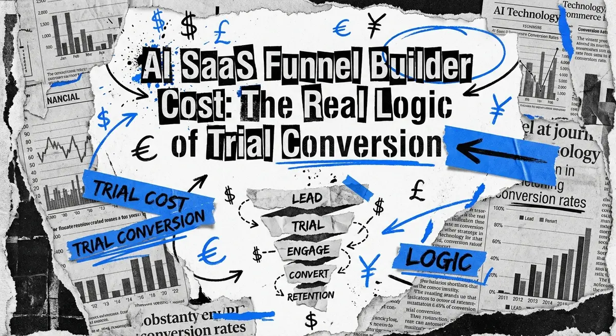 AI SaaS funnel builder cost analysis collage with torn paper and pricing charts