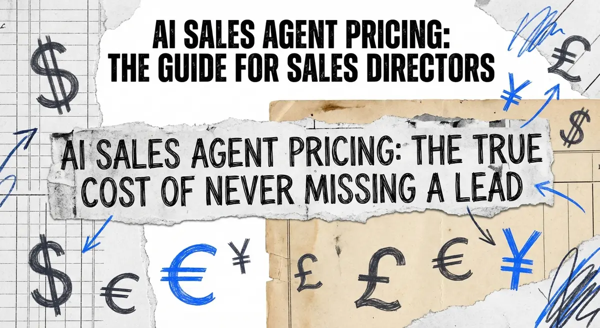 AI sales agent pricing guide collage with torn paper and electric blue accents