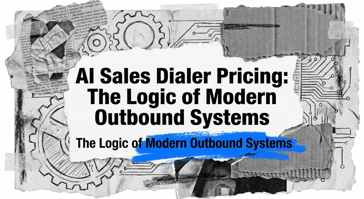 AI sales dialer pricing collage with torn paper and electric blue accents