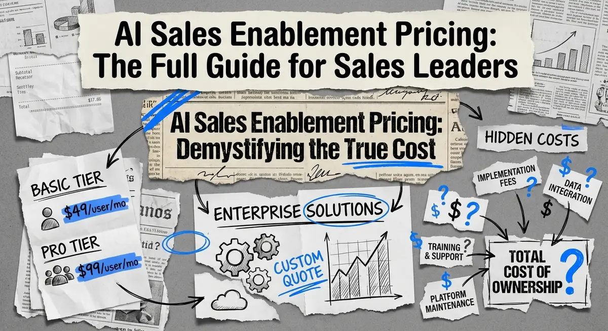 AI sales enablement pricing guide featuring a torn paper collage with electric blue accents