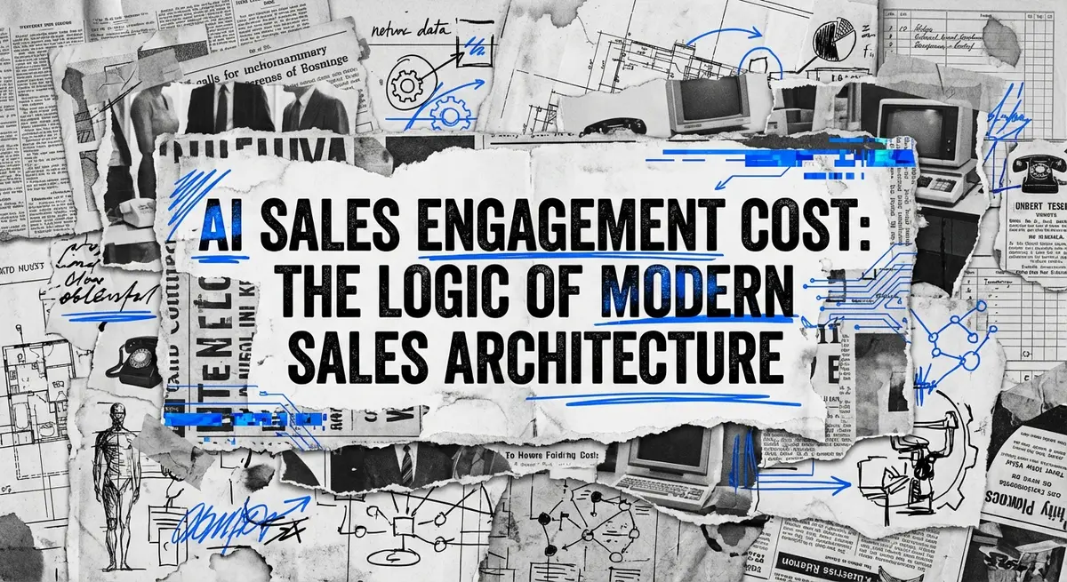 AI sales engagement cost analysis collage with torn paper and electric blue accents