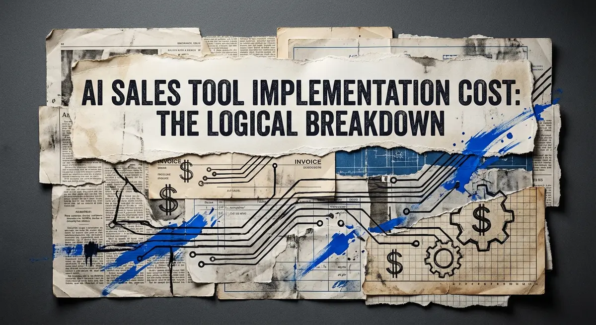 AI sales tool implementation cost torn paper collage with invoice and blueprint elements