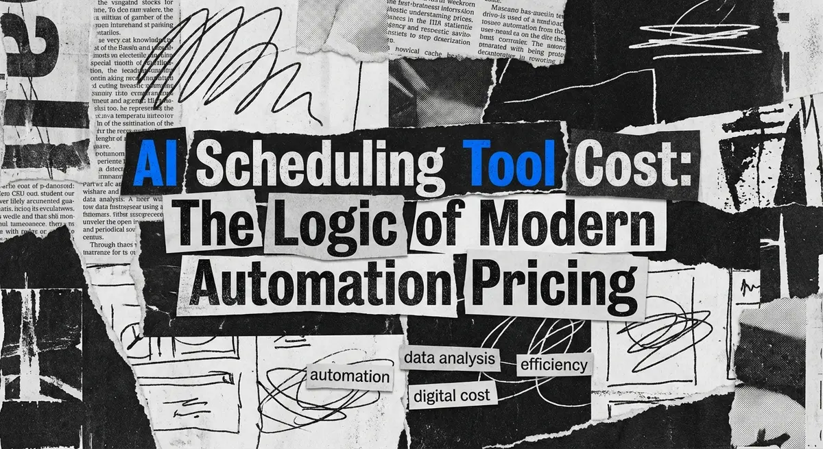 AI scheduling tool cost collage with torn paper and electric blue accents