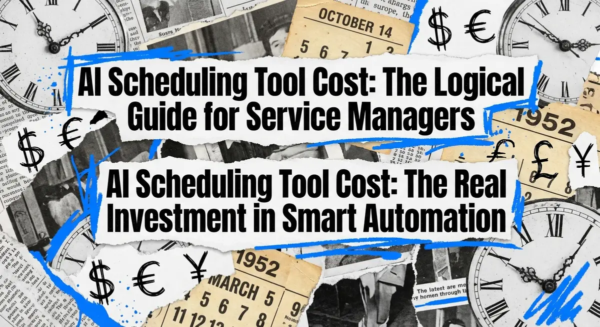 AI Scheduling Tool Cost collage with torn paper and vintage calendar elements