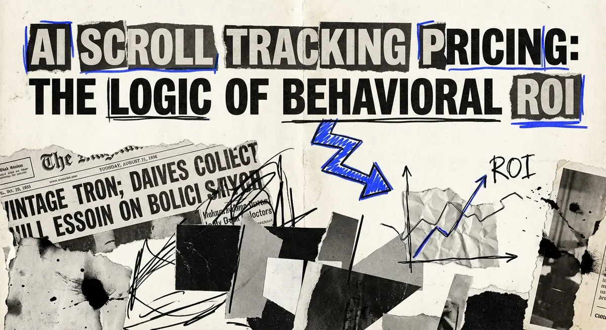 AI scroll tracking pricing visualization using torn paper collage style with electric blue accents